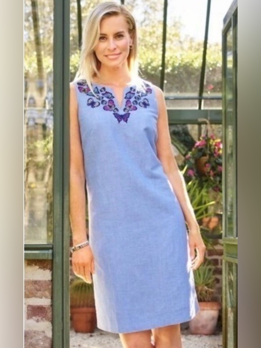 Talbots Embroidered Butterfly Chambray Midi Shift Dress, P2P:25”, L:40. - Picture 8 of 8